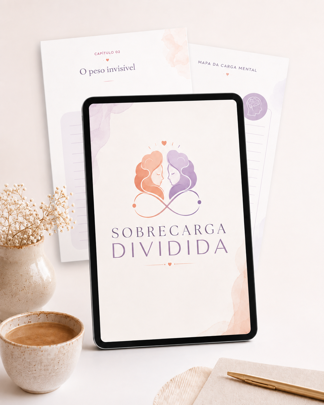Mockup do ebook Sobrecarga Dividida em um tablet, ao lado de capítulos impressos e café