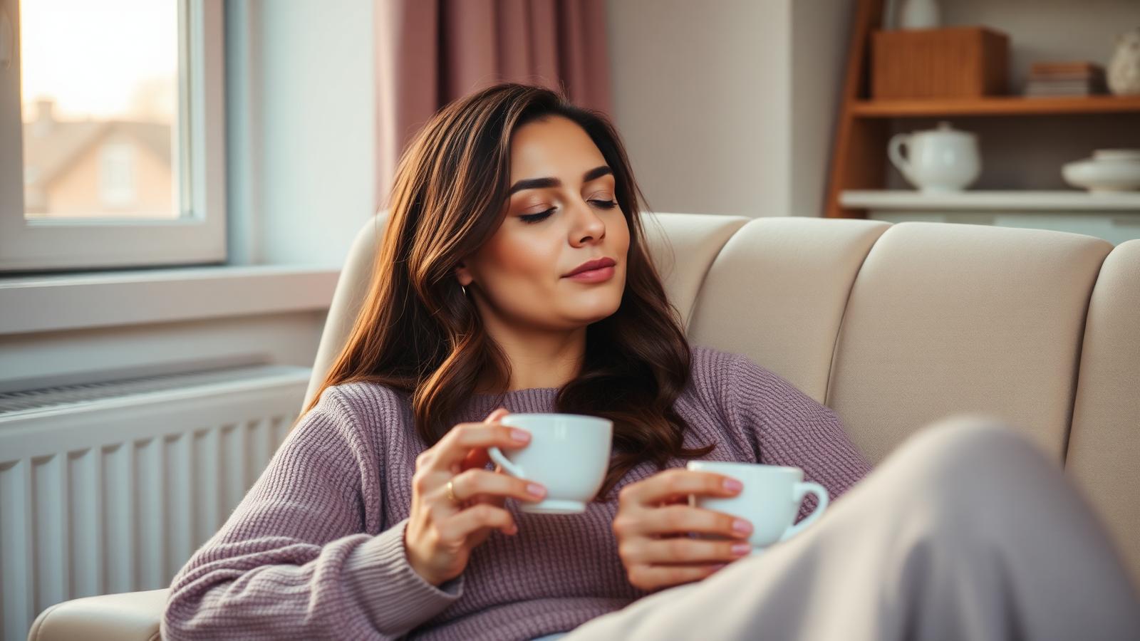 Mulher relaxando ao final do dia com uma xícara nas mãos