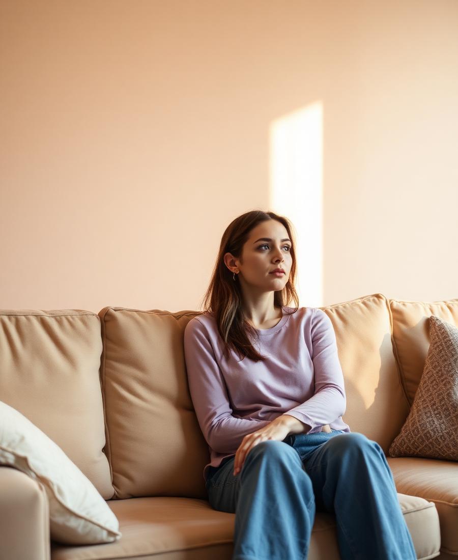 Mulher sentada no sofá, mentalmente distante