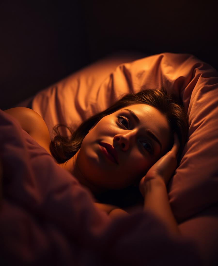 Mulher deitada à noite, ainda pensando